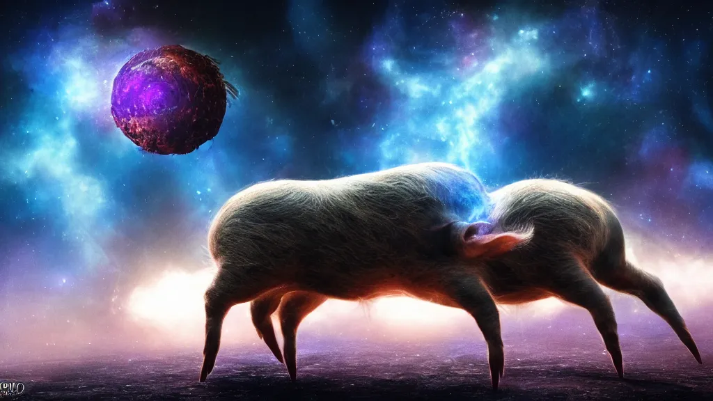 Prompt: pig spider hybrid on a planet. close bottom view. whole body. nebula background. cinematic composition. cinematic lightning. ultra realistic. 8 k. highly detailled. deep space. ultra realistic details. cinematic atmosphere. studio lighting. shadows. dark background.