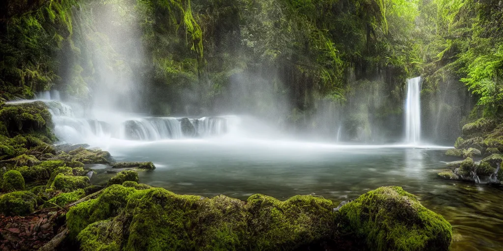 Prompt: a secret glade with waterfall, cinematic lighting, wide angle landscape photography, hyperrealistic, 8k