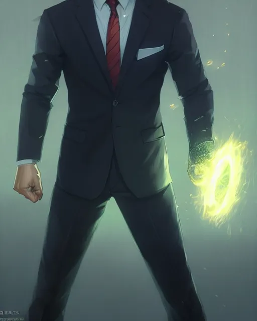 Image similar to gigachad luigi charging ultimate attack like saitama wearing a suit in the office, fantasy character portrait, ultra realistic, anime key visual, concept art, intricate details, highly detailed by greg rutkowski, ilya kuvshinov, gaston bussiere, craig mullins, simon bisley