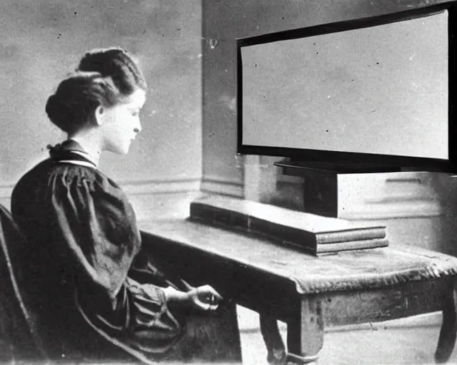 Image similar to 1 9 0 0 s photo of a person watching a flat screen hd tv