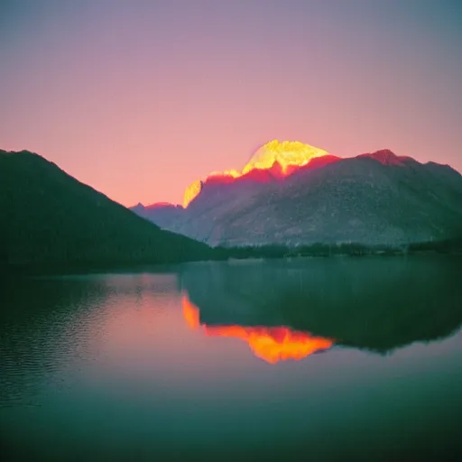 Image similar to sunset over the lake in the mountains, kodak portra 8 0 0