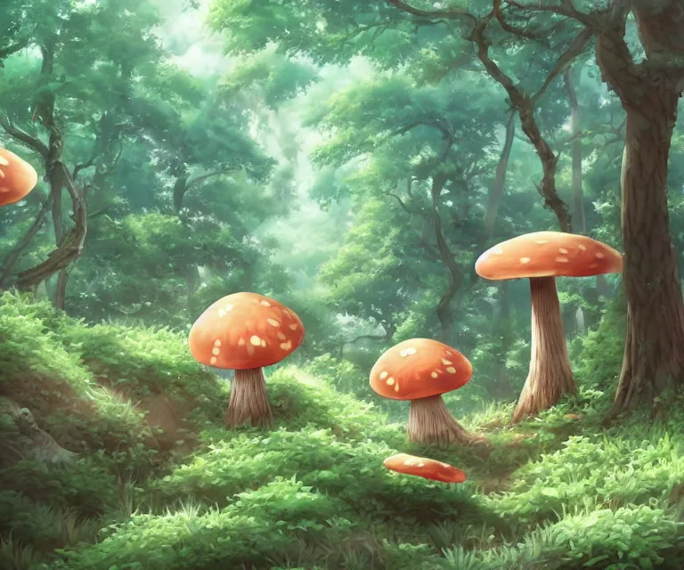 Image similar to mushroom in a forest, anime fantasy illustration by tomoyuki yamasaki, kyoto studio, madhouse, ufotable, comixwave films, trending on artstation