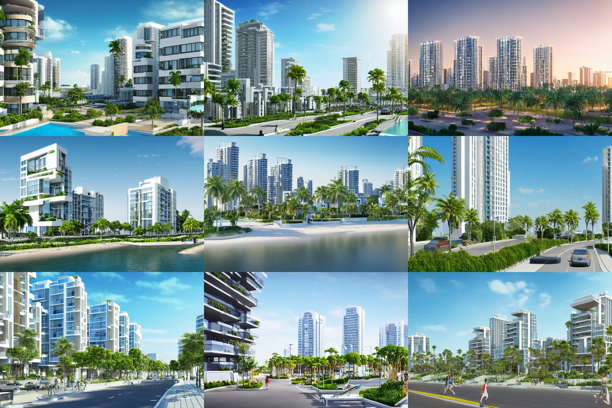 Prompt: render of a city with beautiful modern homes, designed for cozy aesthetics!, beachfront, highrise business district, energy efficiency and maximizing plants and greenery, cg render, sunny sky light, high resolution, professional