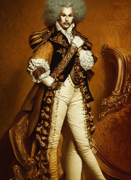Prompt: johnny depp as king louis xv, hyper detailed, digital art, trending in artstation, cinematic lighting, studio quality, smooth render, unreal engine 5 rendered, octane rendered, art style by klimt and nixeu and ian sprigger and wlop and krenz cushart