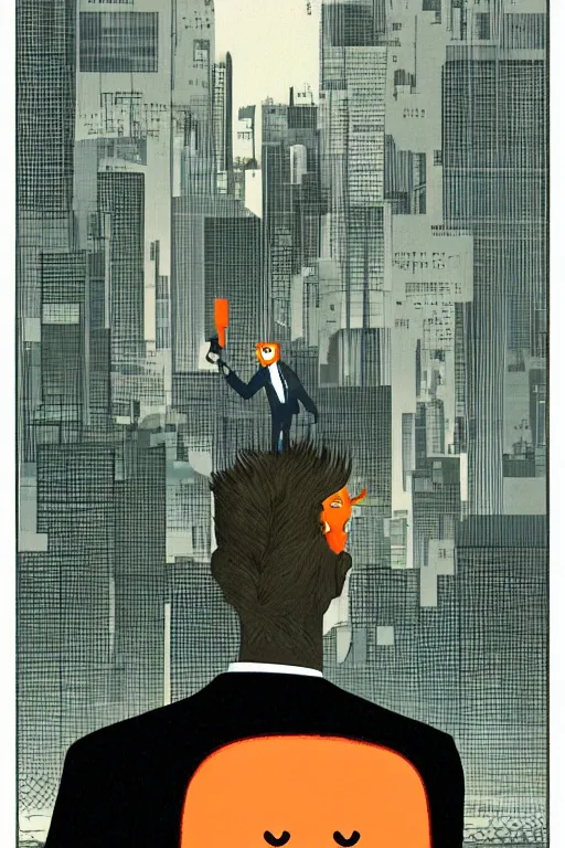 Prompt: tatsuki fujimoto illustration of an orange-headed businessman, creepy face, cyberpunk city