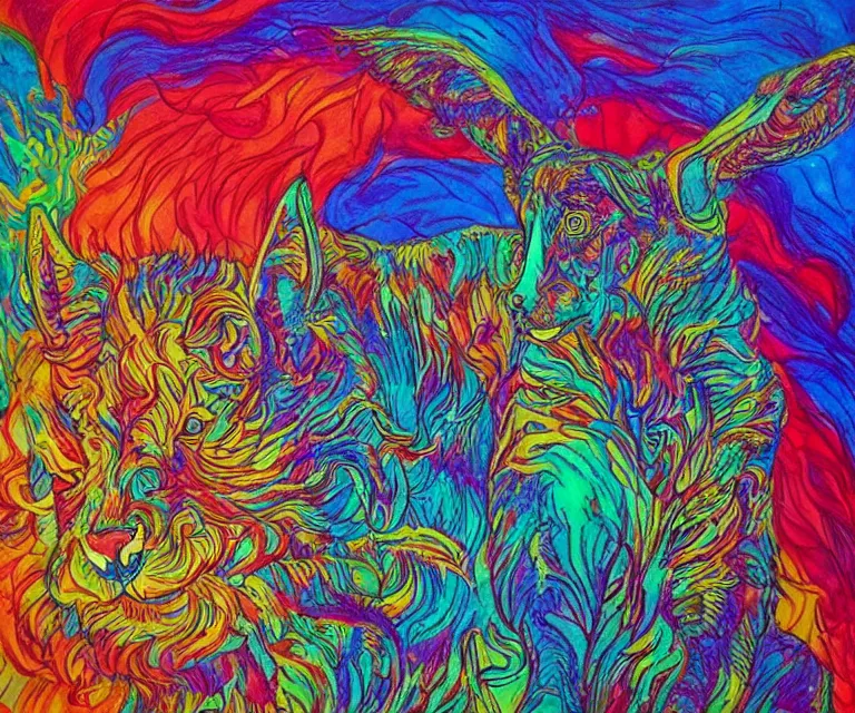 Image similar to the wildest dream, vivid colors, golden hour, psychedelic art, magical creatures