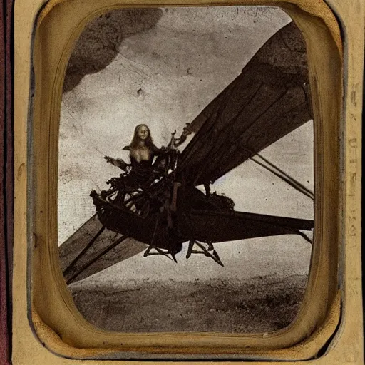 Image similar to 1800 photograph, daguerreotype, Leonardo Da Vinci's flying machine driven by a woman, High definition, volumetric light, detailed details,