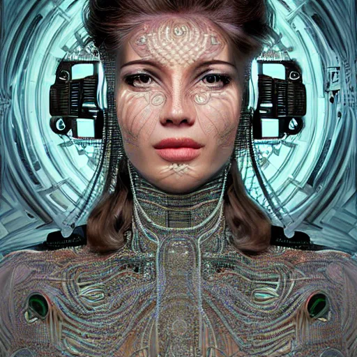 Image similar to one very beautiful woman integrating with technology, full face frontal centered, portrait, insipiring, detailed intricate ornate cables connected to head, big open electric eyes, luxurious detailed abundent wiring and implants, diamonds, sci-fi, neon, emeralds, detailed technology full background, highly detailed, artstation, Rene Lalique and Eddie Mendoza and Gil Elvgren