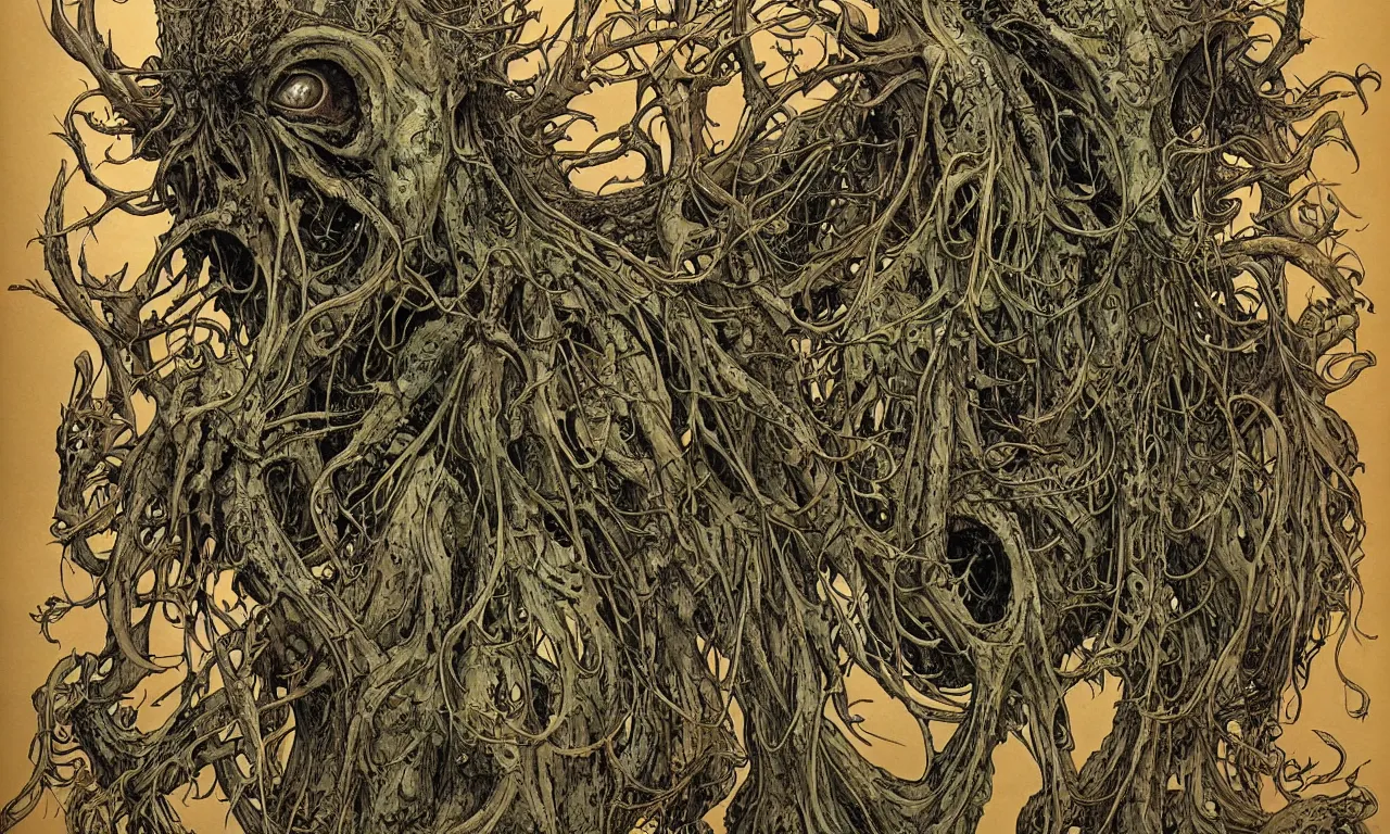 Image similar to hyperdetailed art nouveau portrait of treebeard as a cthulhu eyeball skull wendigo cryptid monster, by geof darrow, simon bisley and bill sienkiewicz, grim yet sparkling atmosphere, photorealism, claws, skeleton, antlers, fangs, forest, wild, crazy, horror, lynn varley, lovern kindzierski, steve oliff