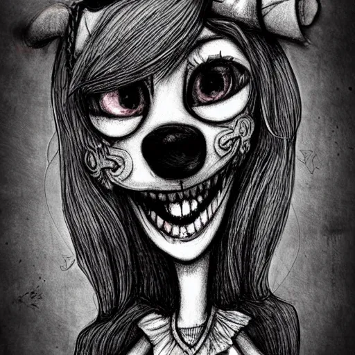 Prompt: grunge drawing of a cartoon dog with big eyes and a wide smile by mrrevenge, corpse bride style, horror themed, detailed, elegant, intricate