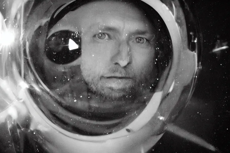 Image similar to thom yorke singer songwriter in a reflective space helmet, helmet filling up with water, video art, anamorphic lens flare, datamosh, beautiful blue eyes, eyes reflecting into eyes reflecting into infinity, eyes reflecting into eyes reflecting into infinity