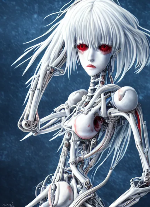 Image similar to Rei Ayanami by Yoshitaka Amano, by HR Giger, biomechanical, 4k, hyper detailed, hyperrealism, anime, a Blood Moon rising on a Broken World, deviantart, artstation