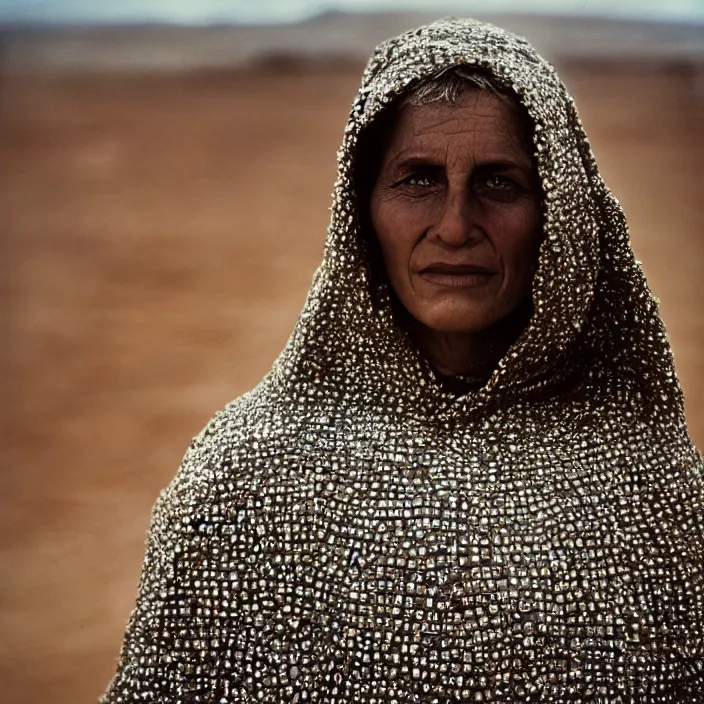 Prompt: closeup portrait of a woman with a hood made of nails and rainbows, standing in a desolate apocalyptic landscape, by Annie Leibovitz and Steve McCurry, natural light, detailed face, CANON Eos C300, ƒ1.8, 35mm, 8K, medium-format print