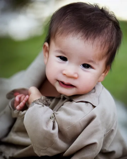 Image similar to annie leibovitz headshots of an adorable eurasian infant dressed as tom cruise in top gun's maverick, 5 0 mm soft focus