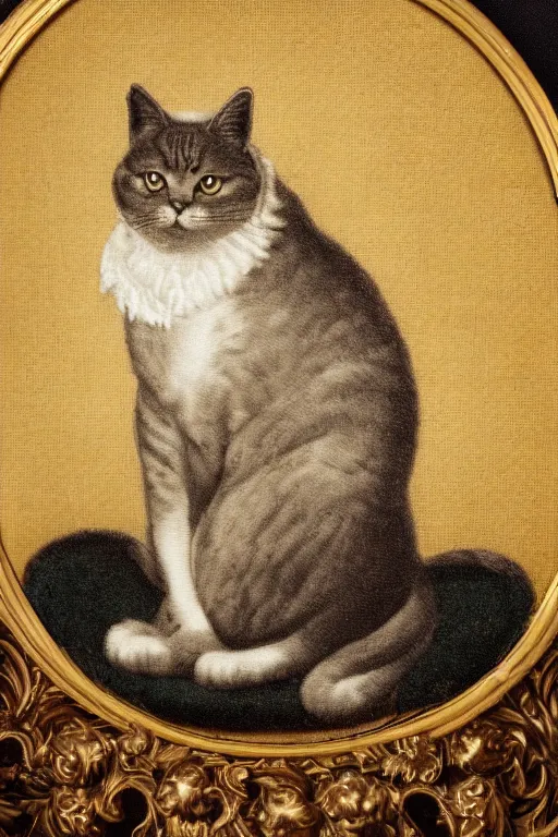 Prompt: a ambrotype portrait of a royal cat, outrageously fluffy, on an embroidered velvet cushion on a neo - rococo gilded little bed, photorealistic, photography, wide shot