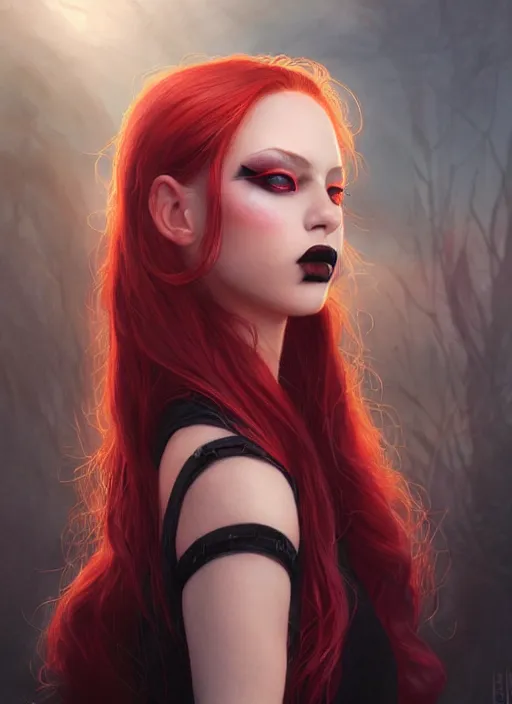 Prompt: girl with iridescent red hair, beautiful highly detailed face, complementary lighting, backlit, black eyeshadow, black lipstick, divine, dramatic lighting, landscape background, beautiful painting by artgerm and greg rutkowski and raymond swanland