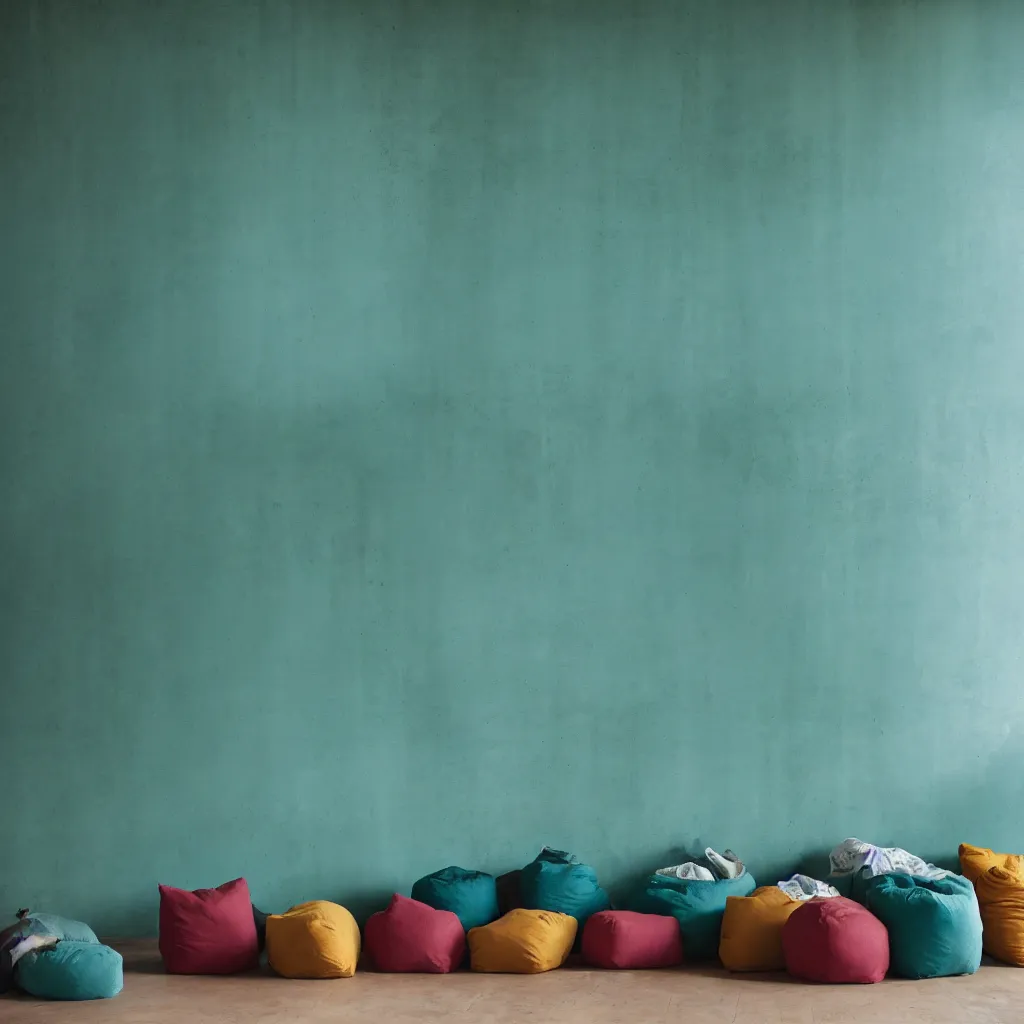 Image similar to kodak portra 4 0 0, 8 k, shot of a highly detailed, britt marling style, colour still - life portrait of a large minimalistic room, rough concrete walls, a single rough carved wooden teal, cannabis store with comfortable beanbags, muted colours