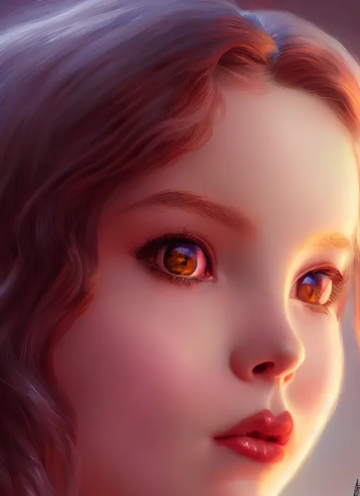 Image similar to of dark fantasy, young beautiful Belle Delphine, close up face portrait, medium shot, intricate, elegant, warm light, highly detailed, digital painting, volumetric light, artstation, concept art, smooth, sharp focus, illustration, art by Gil Elvgren and Adolf Wölfli and bruce pennington