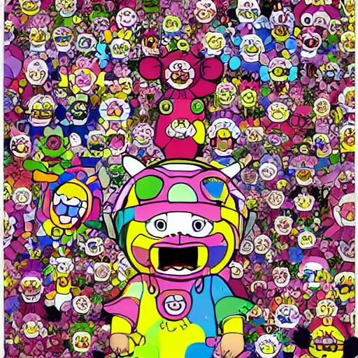 Image similar to survivor on an island full of evil teletubbies, takashi murakami artwork, sinister teletubbies, lsd