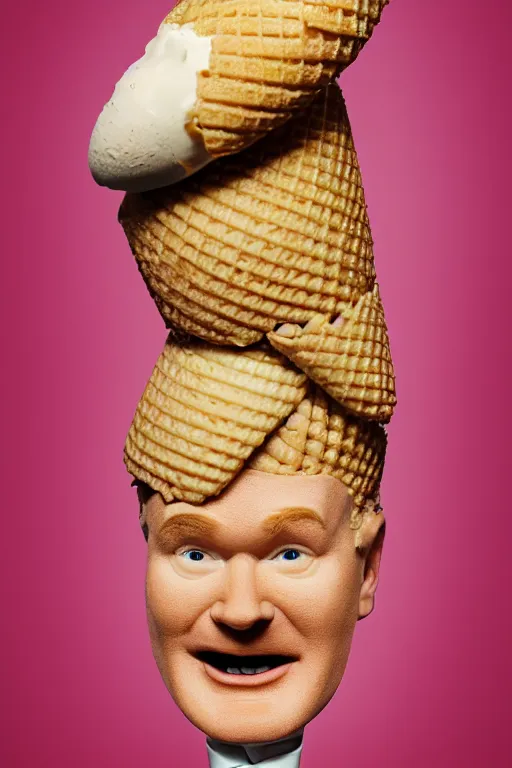 Image similar to 📷 conan o'brien the ice - cream cone 🍦, made of food, head portrait, dynamic lighting, 4 k