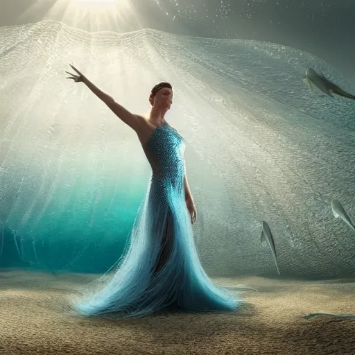 Prompt: jennifer connelly dancing underwater wearing a very long flowing dress made of many translucent layers of silver and blue lace seaweed, bolts of bright yellow fish, caustics lighting from above shines on the sandy bottom, large swirling silver shapes in the foreground and background, octane render, cinematic, hyperdetailed