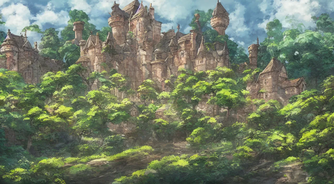 Prompt: a landscape painting of a British castle, with a garden, in the style of anime, by Studio Ghibli, trending on artstation