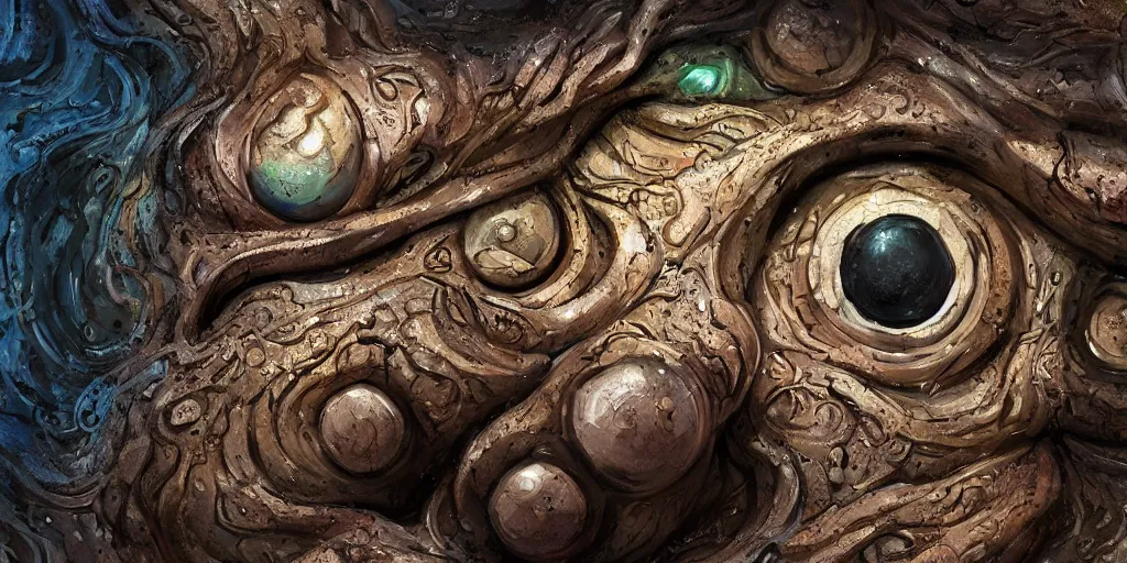 Image similar to of an intricate muddy water with strange cute friendly happy creatures with huge eyes, long tongue, round teeth and goofy funny face, appearing from the background, in the style of gehry and gaudi, macro lens, shallow depth of field, ultra detailed, digital painting, trending artstation, concept art, illustration, cinematic lighting, photorealism, epic, octane render