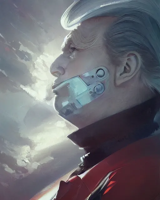 Image similar to donald trump in a futuristic spaceship pilot dress, year twenty one hundred, portrait, illustration, rim light, top light, perfectly shaded, spring time, slight overcast lighting, soft painting, art by krenz cushart and wenjun lin