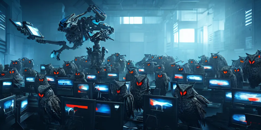 Image similar to an army of evil, malevolent, giant cyborg owls surrounded by computers and computer screens. this 4 k hd image is trending on artstation, featured on behance, well - rendered, extra crisp, features intricate detail and the style of unreal engine. volumetric lighting octane render