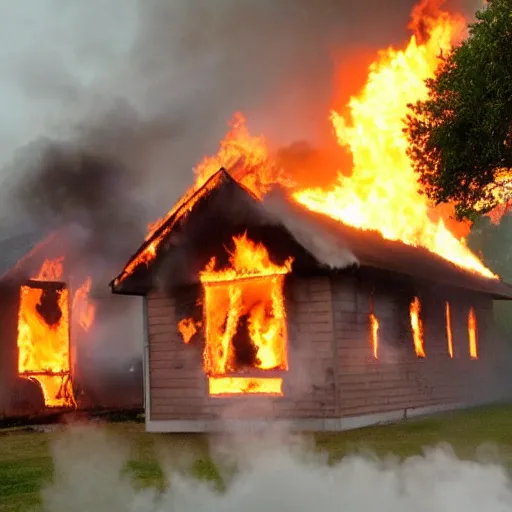 Image similar to burning house, people running out of the house