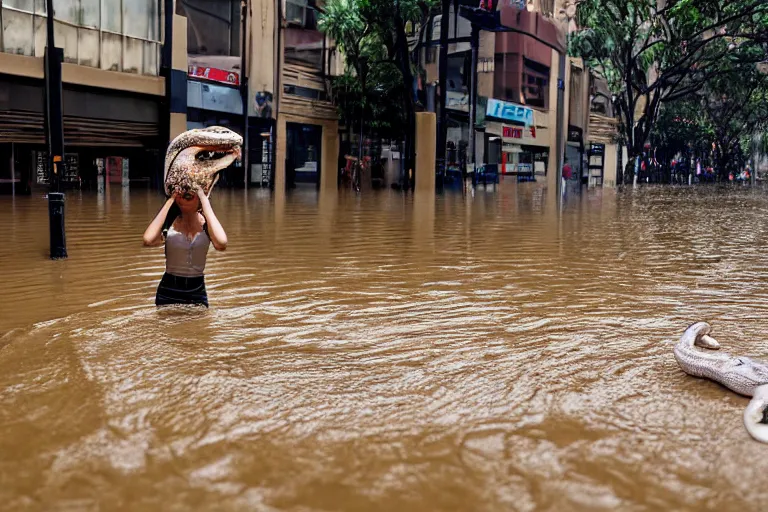 Image similar to closeup portrait of a girl carrying a python over her head in a flood in Pitt Street in Sydney in Australia, photograph, natural light, sharp, detailed face, magazine, press, photo, Steve McCurry, David Lazar, Canon, Nikon, focus