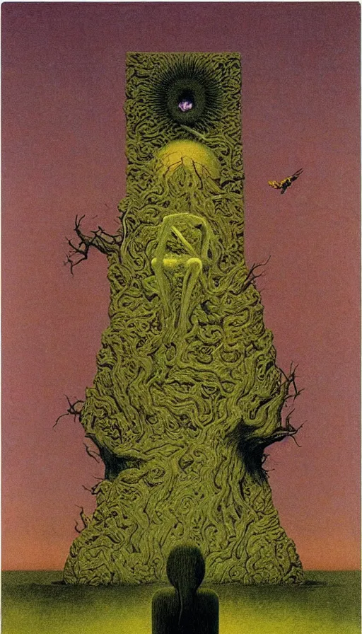 Image similar to forbidden knowledge, madness, the eldritch king in yellow by beksinski, tarot card, strange frames, ghibli by rene magritte and salvadore dali