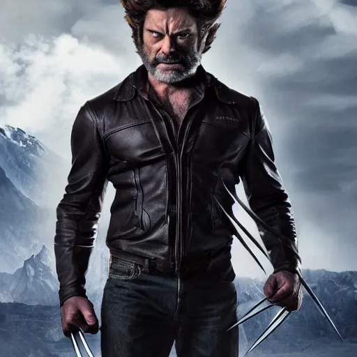 Image similar to wolverine in x - men suit played by nick offerman, logan marvel movie still, detailed 8 k, poster style, high resolution, photorealistic