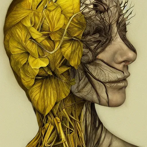 Image similar to masterpiece, woman, bones and veins, yellow, marco mazzoni, zdzislaw beksinksi