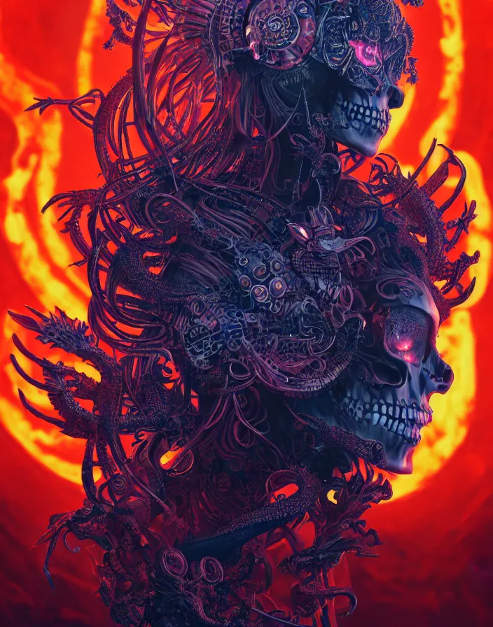 Prompt: demon goddess close-up portrait tribal slavic russian princess skull, sitting on intricate throne, ancient high tech, cyberpunk, dystopian, jellyfish phoenix dragon, butterfly squid, burning halo, intricate artwork by Tooth Wu and wlop and beeple, greg rutkowski, very coherent symmetrical artwork, cinematic, hyper realism, high detail, octane render, unreal engine, 8k, Vibrant colors, Smooth gradients, High contrast, depth of field, aperture f1.2