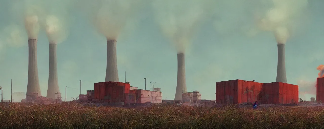 Prompt: the wind pushed the dense fog hanging over glowing bubbling neon orange pool of radioactive waste to form red white charcoal tie dye clouds, in the background the abandoned nuclear plant loomed, digital concept art by Simon Stalenhag, Beeple, Jeffrey Smith, Unreal Engine, 8k HDR