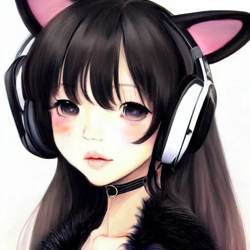 Prompt: realistic beautiful gorgeous buxom natural cute blushed shy girl Blackpink Lalisa Manoban black hair cute fur black cat ears, wearing white camisole, headphones, black leather choker artwork drawn full HD 4K highest quality in artstyle by professional artists WLOP, Taejune Kim, Guweiz on Pixiv Instagram Artstation