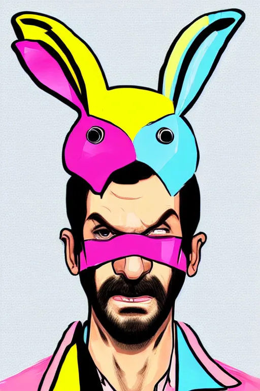 Image similar to man wearing an blouses with a bunny mask with one ear cut off. pop art, pixel, gta vice city art style, face features, body features, ultra realistic details, digital painting, concept art, smooth, sharp focus, illustration, intecrate details, elegant, confident posse, art by mark millar and richard hamilton and mimmo rottela