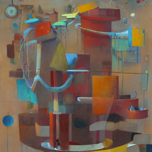 Image similar to a painting by shaun tan of an abstract maximalist sculpture by the caretaker