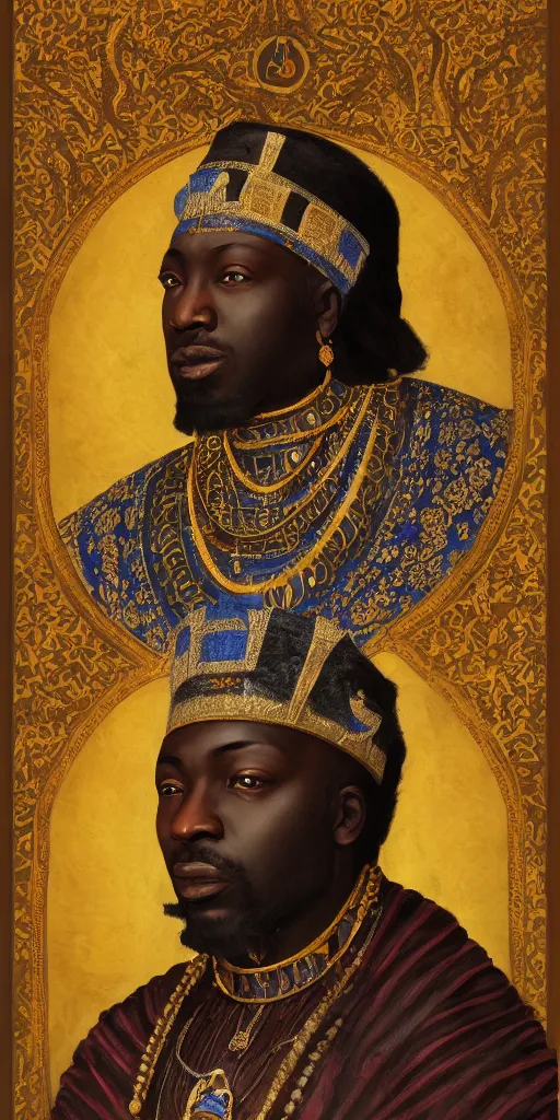 Prompt: a stunning and noble highly detailed romantic period style portrait of mansa musa by josep tapiro baro, trending on artstation, oil painting masterpiece, symmetry, mysterious, very very very aesthetic, african iconography