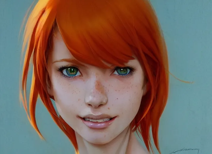 Prompt: portrait Anime beautiful smiling Girl with orange hair and freckles, green eyes fine face pretty face, realistic shaded Perfect face, fine details. Anime. by katsuhiro otomo magali villeneuve, artgerm, rutkowski Jeremy Lipkin and Giuseppe Dangelico Pino and Michael Garmash and Rob Rey