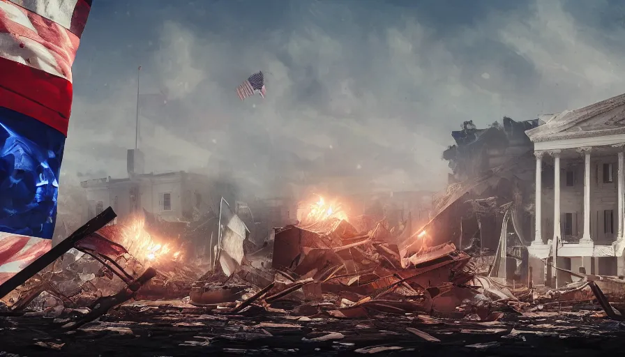 Image similar to torn dirty american pole flag in destroyed washington dc, lights, volumetric light, hyperdetailed, artstation, cgsociety, 8 k