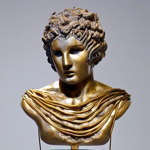 Prompt: greek godness portrait sculpture, face, body, white marble and brass, gold vines and red spines, obsidian