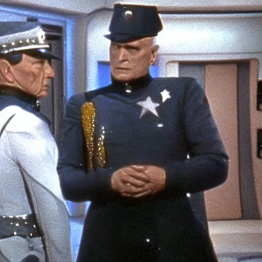 Prompt: A still of Mussolini in Star Trek, colour photo