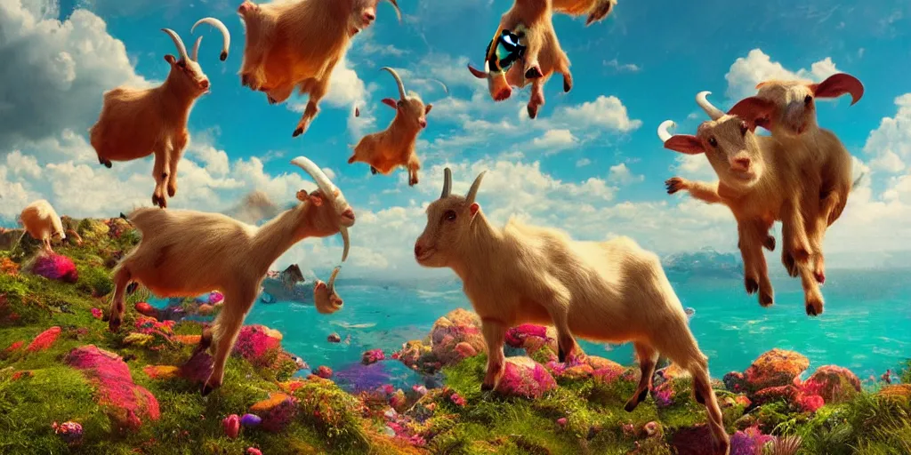 Image similar to Floating goats on LSD over a technicolor ocean, Darek Zabrocki, Karlkka, Jayison Devadas, Phuoc Quan, trending on Artstation, 8K, ultra wide angle, pincushion lens effect.