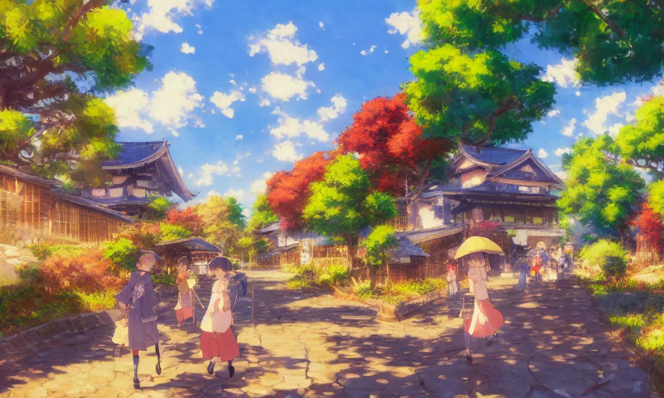 Prompt: impressionist painting of happiness and friendship, rural landscape, kyoto animation, wide shot, dynamic lighting, vivid colors, high detail, award winning