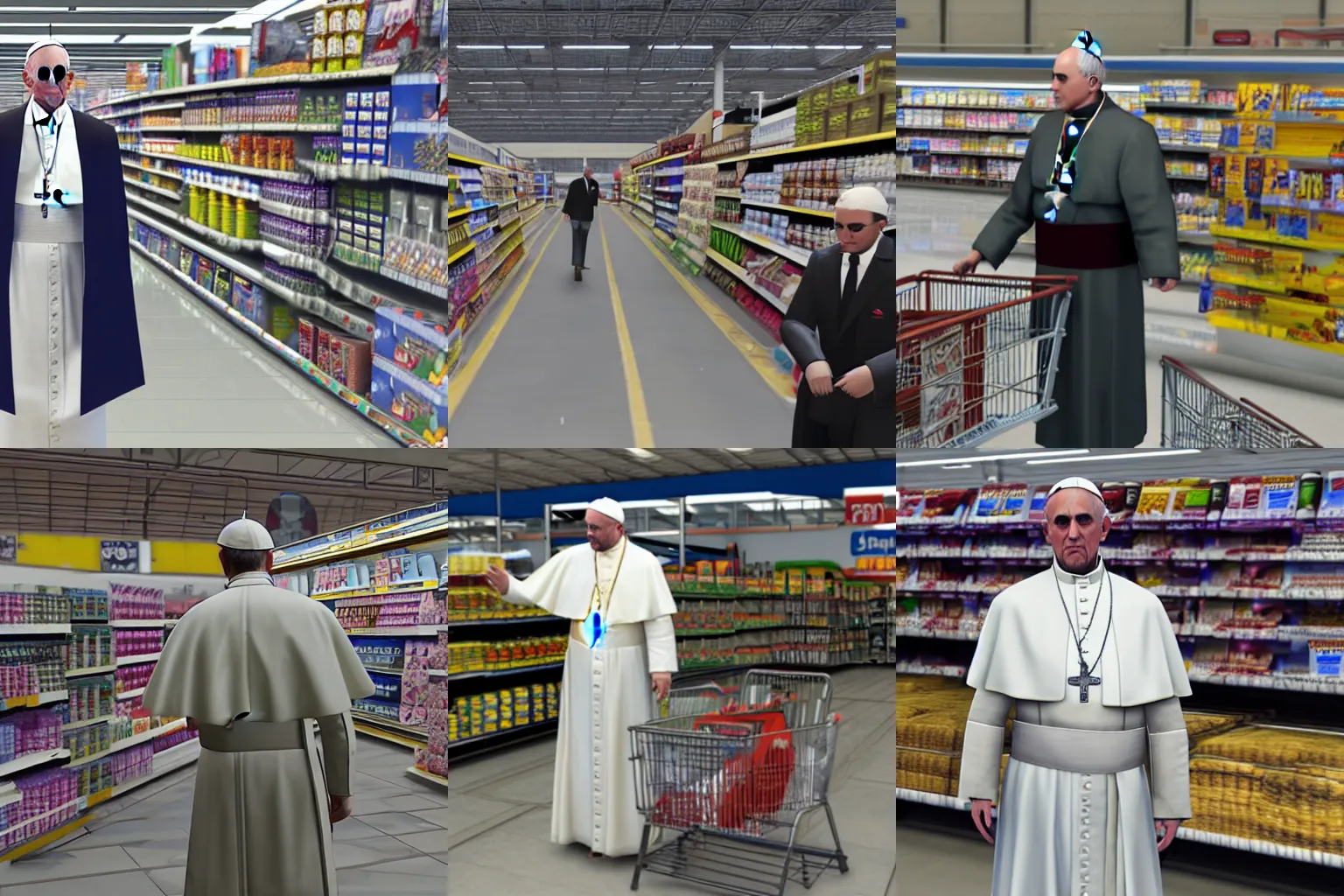 Image similar to the pope in a Walmart, GTA V gameplay screenshot, sharp, Unreal Engine 5, very detailed shading