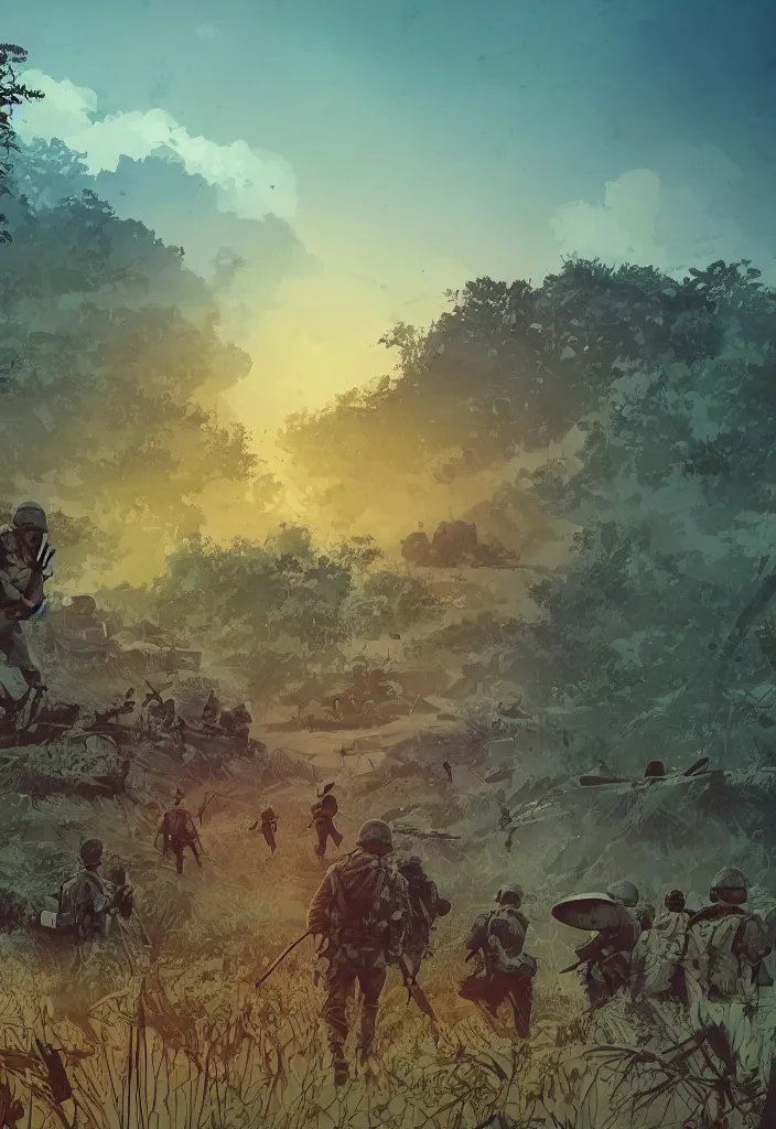 Image similar to handmade illustration of an epic Vietnam war scene with a few american soldiers walking, the jungle at the background, some smoke and fire, blue sky with dramatic clouds, line art, ink, watercolor by Kilian Eng and by Jake Parker, heavy brushstrokes, winning-award masterpiece, fantastic, octane render, 8K HD Resolution, High quality image