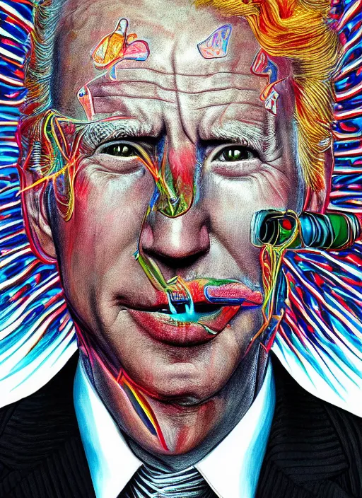 Image similar to a symmetrical photorealistic hyper detailed psychedelic portrait of Joe Biden smoking DMT out of a meth pipe in the style of alex grey