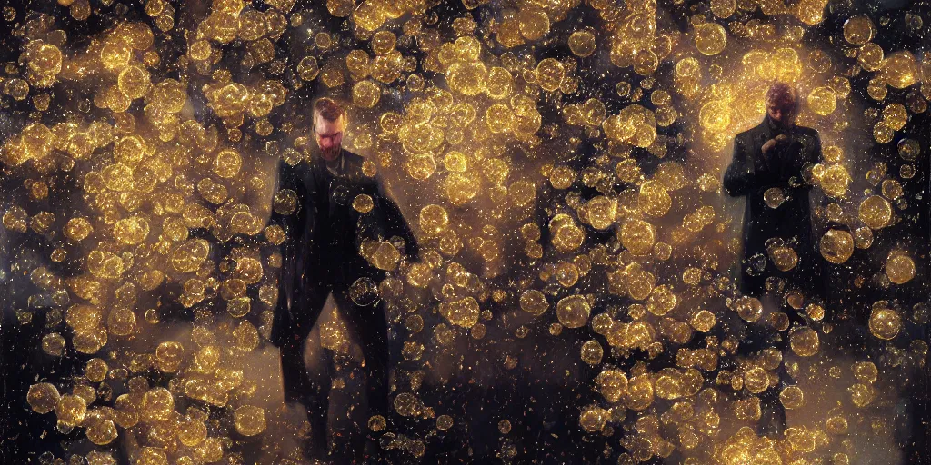 Image similar to swarm of iridescent golden bubbles surrounding a man, by greg rutkowski